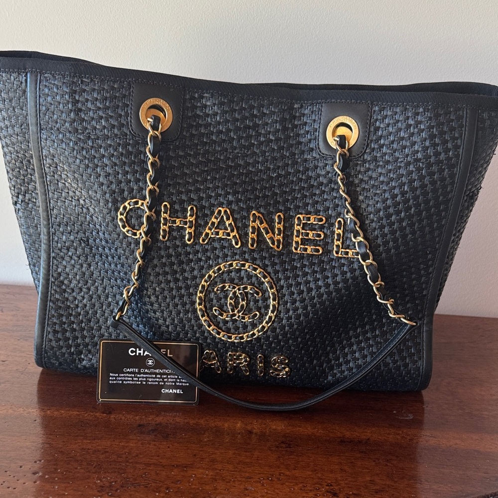 CHANEL Straw Raffia Calfskin Chain Deauville Tote‎ Black